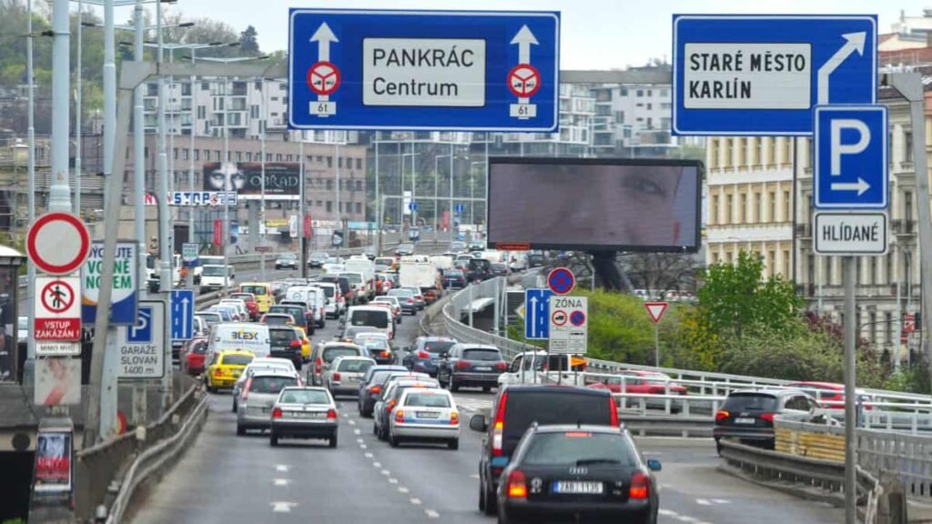 Prague streets with heavy traffic